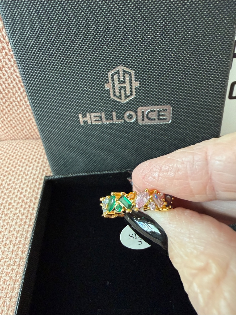 Ice Gold Ring with Green and Pink Stones